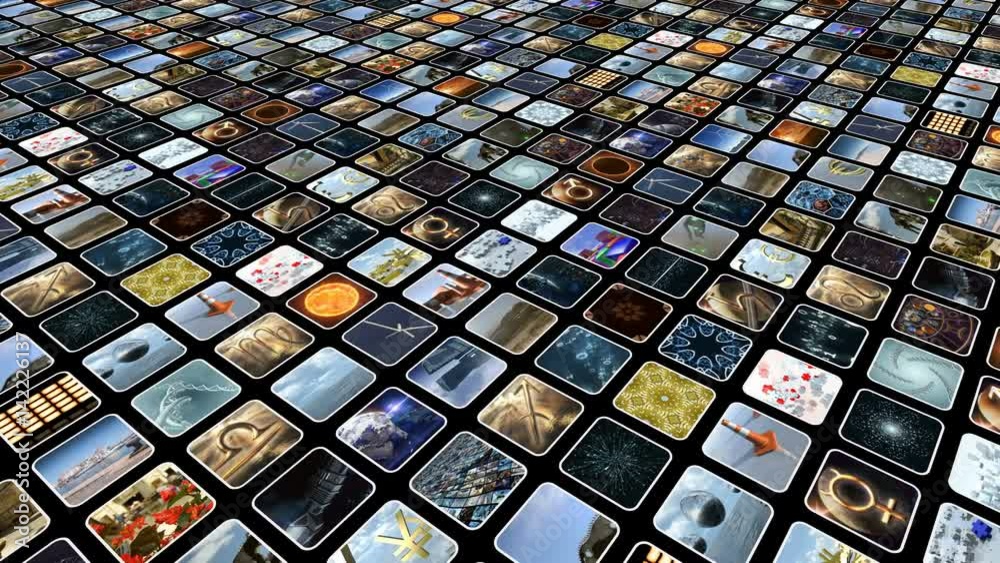 Animated video wall with many small icons on monitors, diagonally. Loop-able. 3D rendering. 4K Animated video wall with many small icons on monitors, diagonally. Loop-able. 3D rendering. 4K