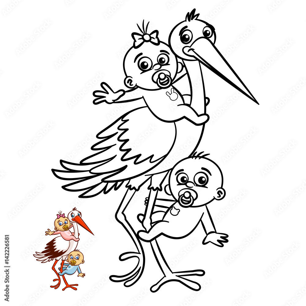 Fototapeta premium Stork with Babies Boy and Girl Coloring Book. Comic character isolated on white background
