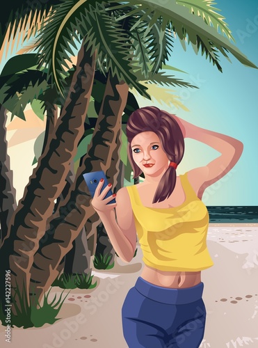 Girl on the beach rest sea palm trees, Smartphone vector