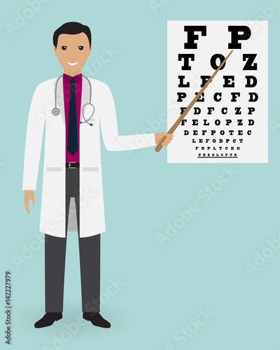 Doctor ophtalmologist points to the vision test table by pointer. Hospital staff. Doctor specialization concept.