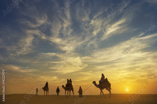 beautiful sunset at Thar desert with camel caravan,jaisaimer,india