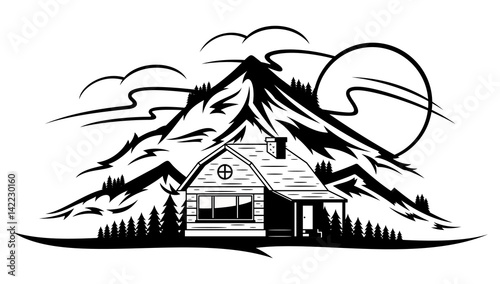 Vector mountain landscape with wooden cabin