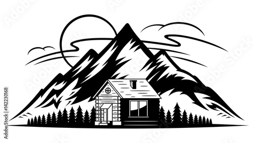 Vector mountain landscape with wooden cabin