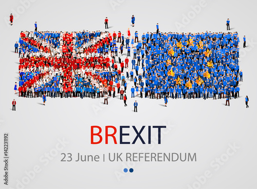 Crowd or group of people in form of British and Europe flags. United Kingdom European Union. Brexit.
