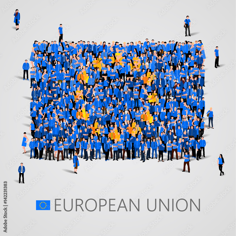 Large group of people in the shape of European union flag. Europe. - obrazy, fototapety, plakaty 