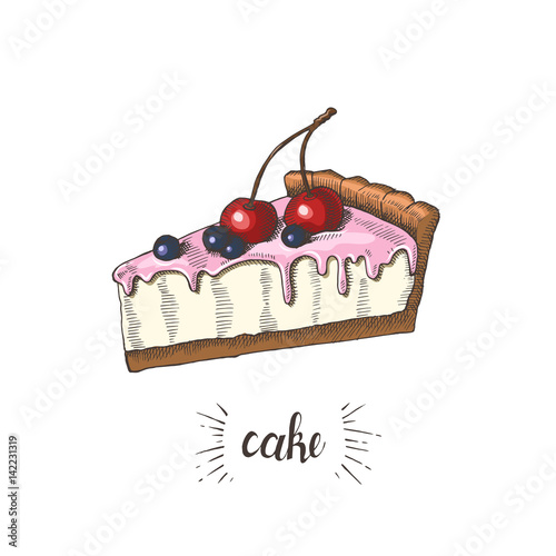 Vector hand drawn slice of cheesecake with cream, cherries and blueberries. Lettering. Sweet bakery. Desert. Sketch.