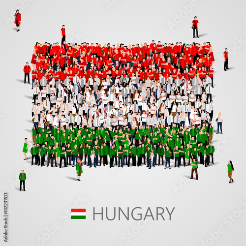Large group of people in the shape of Hungary flag.