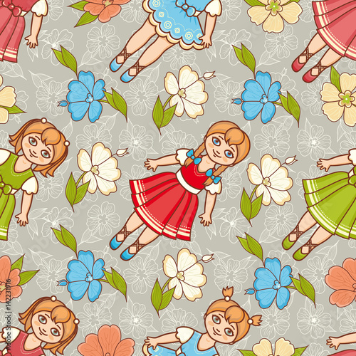 Little Ballerina and Flower. Cartoon style. Seamless pattern. Baby Doll. 