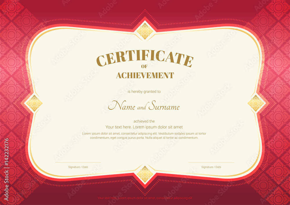Certificate of achievement template in vector with applied Thai art background, red color Certificate of achievement template in vector with applied Thai art background, red color