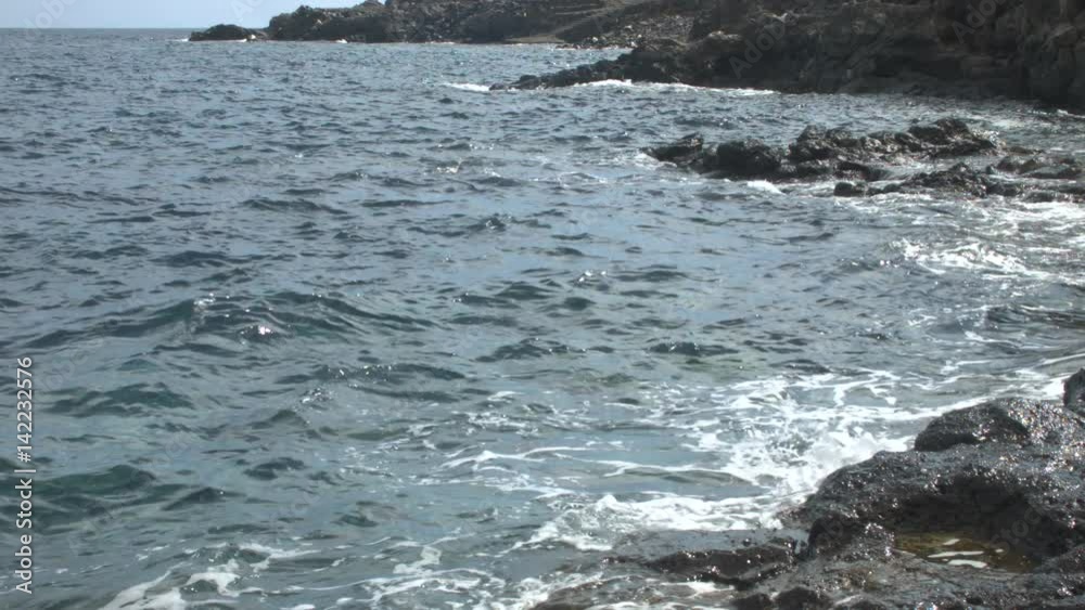 Rocky Coast. Waves Hitting Rocks on the Right Side