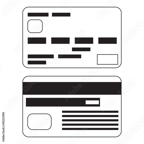 Vector icon of two bank payment cards in flat cartoon style. Black and white isolated illustration.