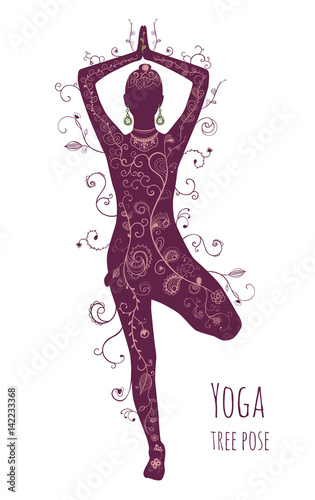 Vrikshasana tree pose yoga, female silhouette. Healthy and beauty lifestyle. Hand drawn floral texture. Vector illustration EPS10.
