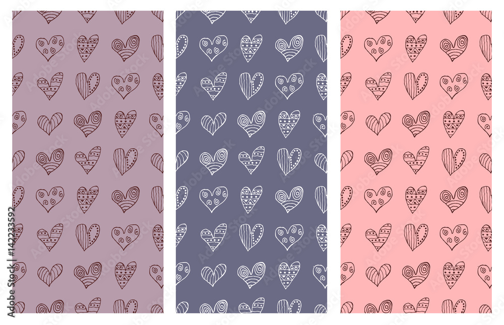 Set of seamless vector patterns with hearts. Background with hand drawn ornamental symbols and decorative elements. Decorative repeating ornament. Graphic illustration.Series of Love Seamless Patterns