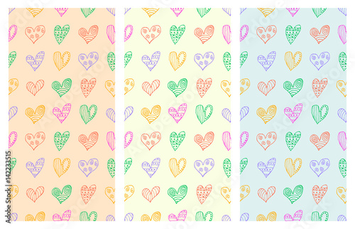 Set of seamless vector patterns with hearts. Background with hand drawn ornamental symbols and decorative elements. Decorative repeating ornament. Graphic illustration.Series of Love Seamless Patterns