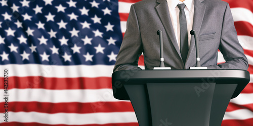 Speaker on United States of America flag background. 3d illustration