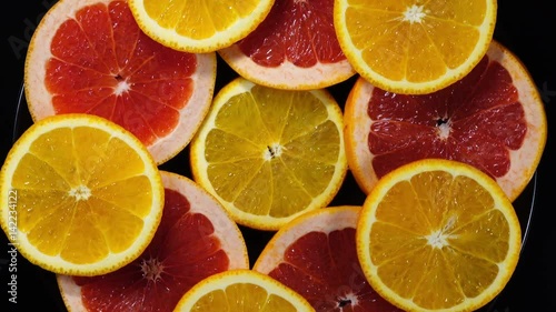 Excellent concentric top view of fresh orange and red grape-fruit slices on black dish, rotating clockwise. Flat lay of yummy pieces of dessert on black background with amazing texture in 4k clip.