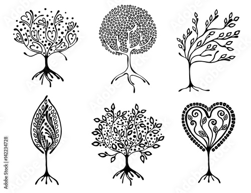 Vector set of hand drawn illustration, decorative ornamental stylized tree. Black and white graphic illustration isolated on the white background. Inc drawing silhouette.