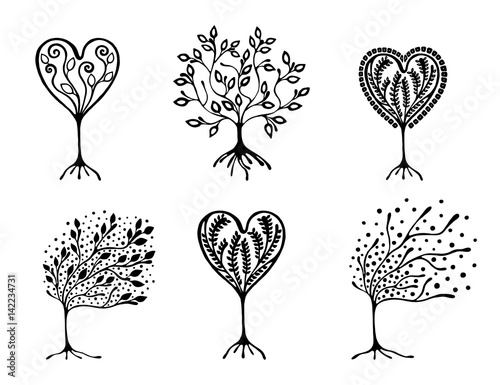 Vector set of hand drawn illustration, decorative ornamental stylized tree. Black and white graphic illustration isolated on the white background. Inc drawing silhouette.