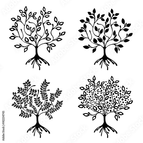 Vector set of hand drawn illustration, decorative ornamental stylized tree. Black and white graphic illustration isolated on the white background. Inc drawing silhouette.