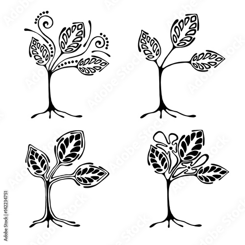 Vector set of hand drawn illustration, decorative ornamental stylized tree. Black and white graphic illustration isolated on the white background. Inc drawing silhouette.