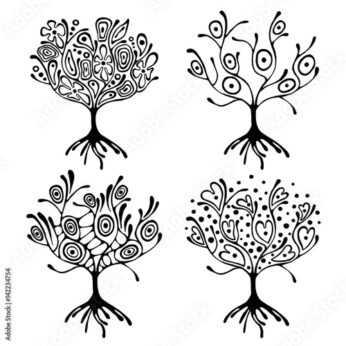 Vector set of hand drawn illustration, decorative ornamental stylized tree. Black and white graphic illustration isolated on the white background. Inc drawing silhouette.