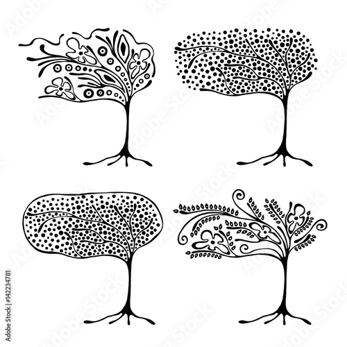 Vector set of hand drawn illustration, decorative ornamental stylized tree. Black and white graphic illustration isolated on the white background. Inc drawing silhouette.