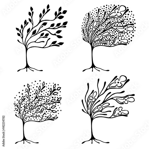 Vector set of hand drawn illustration, decorative ornamental stylized tree. Black and white graphic illustration isolated on the white background. Inc drawing silhouette.