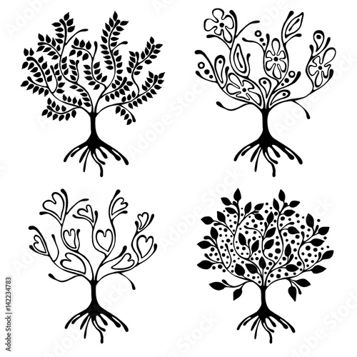 Vector set of hand drawn illustration, decorative ornamental stylized tree. Black and white graphic illustration isolated on the white background. Inc drawing silhouette.