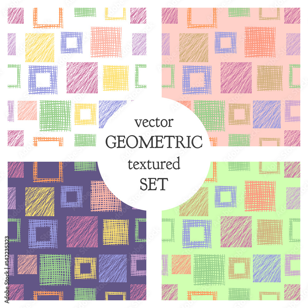 Set of seamless vector geometrical patterns with squares . pastel endless background with hand drawn textured geometric figures. Graphic vector illustration