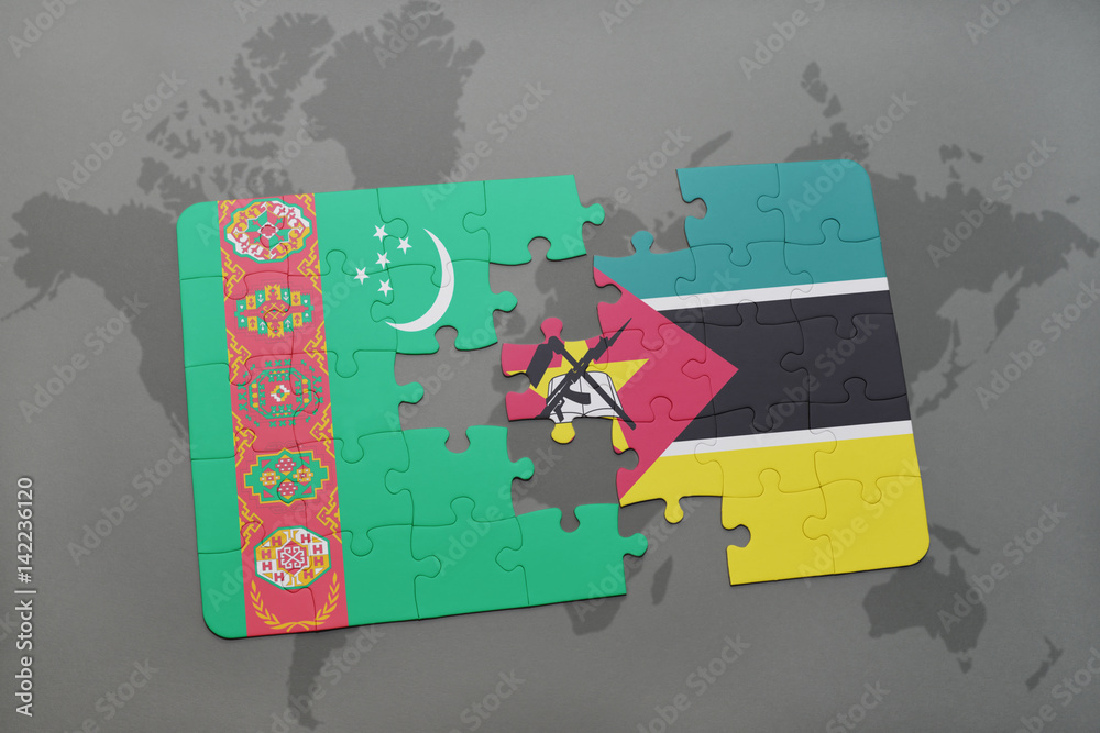 puzzle with the national flag of turkmenistan and mozambique on a world map
