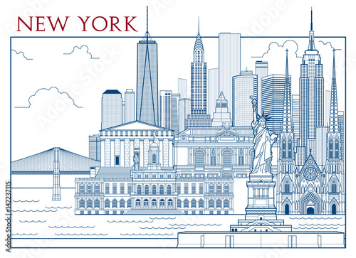 New York Attractions. Handmade drawing vector illustration. All buildings - customizable different objects with background fill