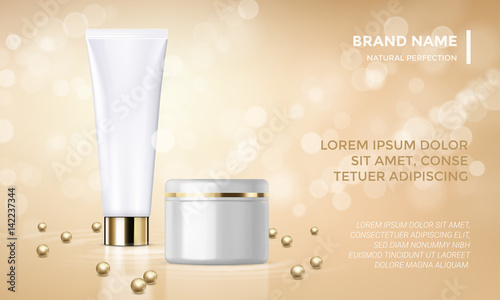 Cosmetic package advertising vector template skin care cream gold background