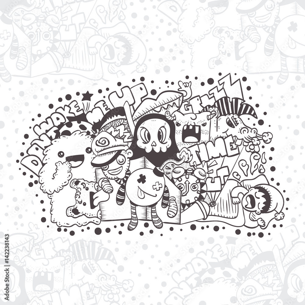 Seamless background. Pattern with crazy doodle the monster under the bed. hand drawn vector illustration
