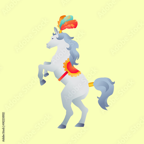 Circus trained wild animals performance isolated. Gradient horse stands on hind legs