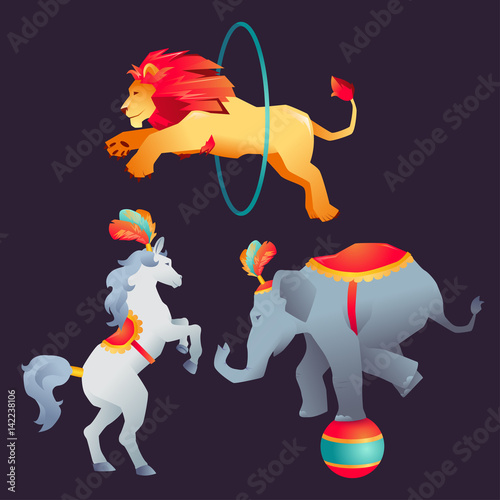 Set of Circus trained wild animals performance isolated on white