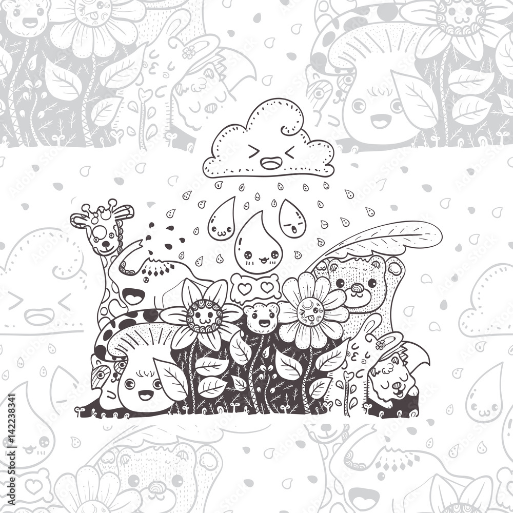 Seamless background. Pattern with  doodle the flowers with friends hand drawn vector illustration