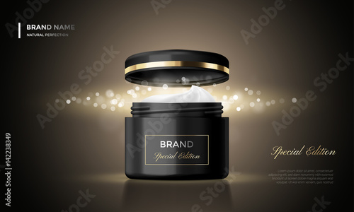 Cosmetic package advertising vector cream jar premium black glitter background