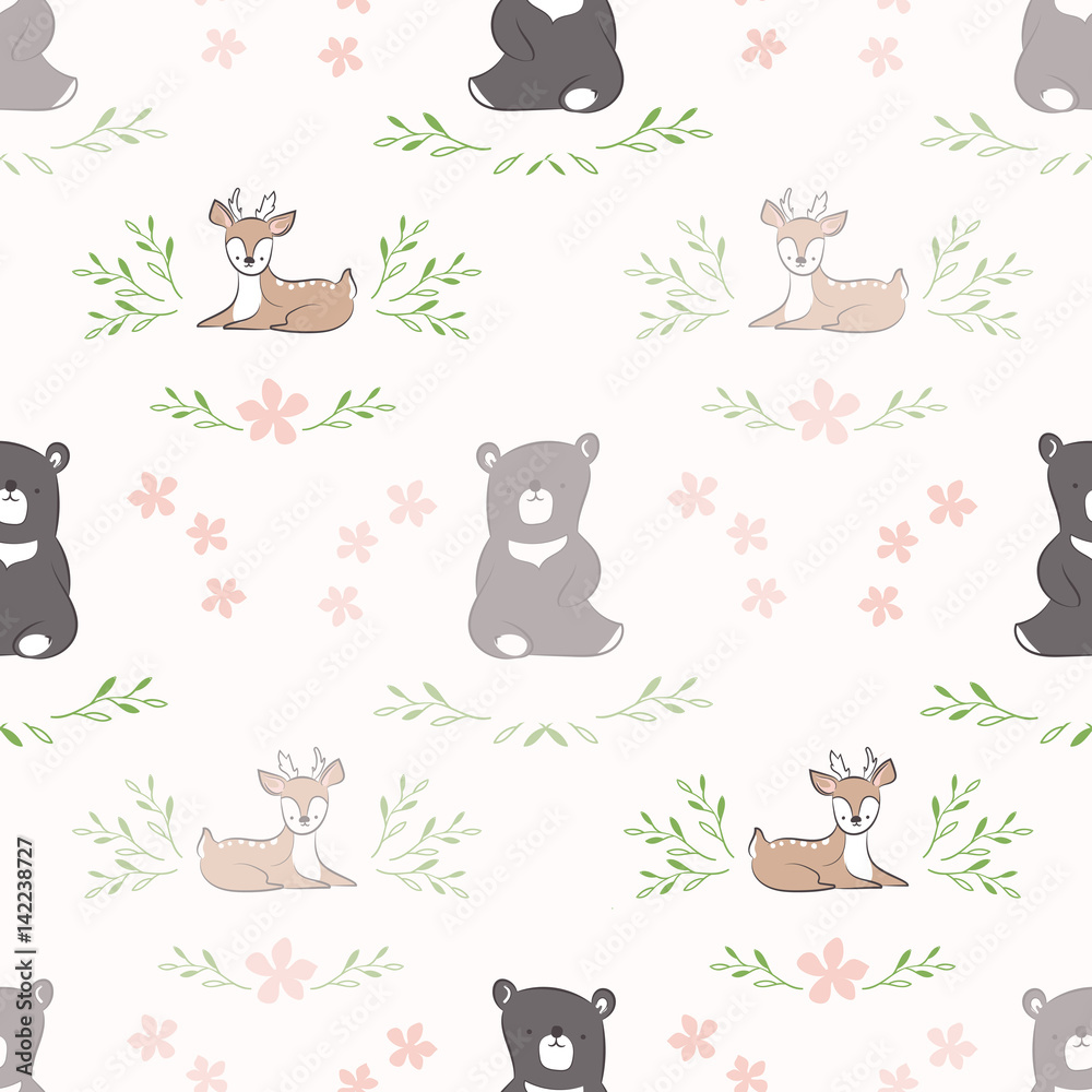 Obraz premium Seamless background. Pattern with doodle cute bear and deer