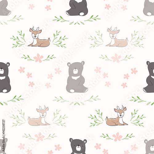 Fototapeta Naklejka Na Ścianę i Meble -  Seamless background. Pattern with doodle cute bear and deer
