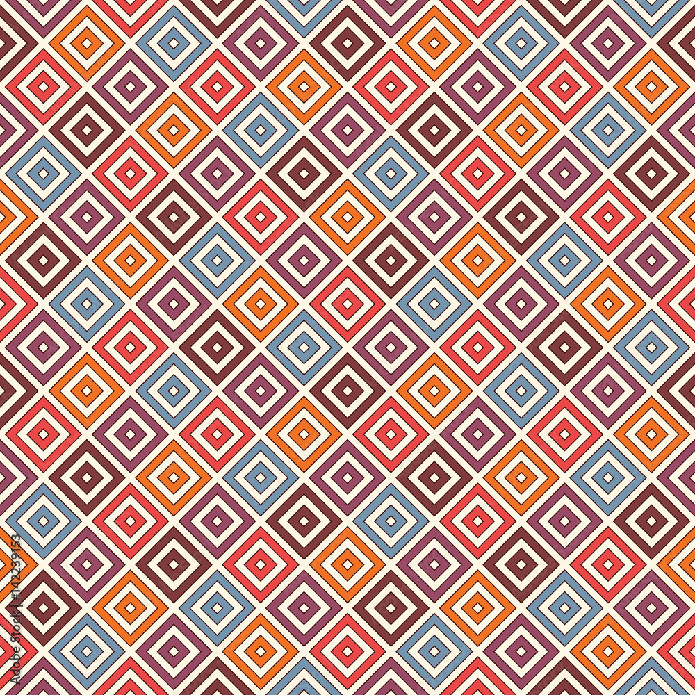 Repeated bright diamonds background. Geometric motif. Seamless surface pattern design with vivid colors square ornament.
