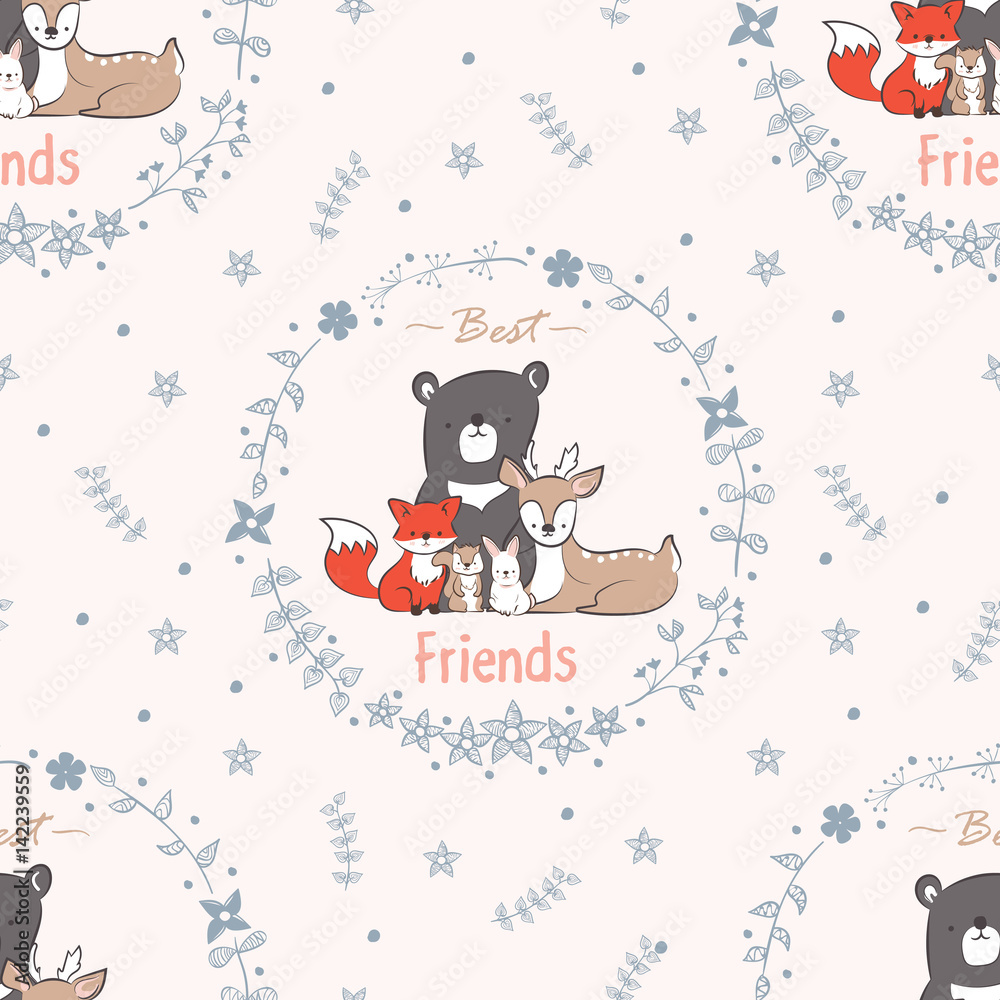 Seamless background of best friends forever. Pattern with doodle cute fox, rabbit, deer, bear, beaver and squirrel in floral frames