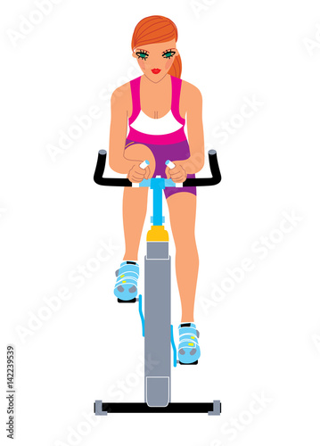 Girl doing exercise at the stationary bicycle machine in gym. Vector illustration