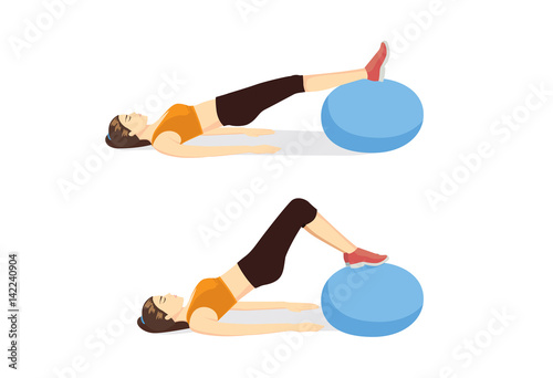Gym ball exercise posture guide for get rid of lower belly fat. Illustration about workout with equipment.