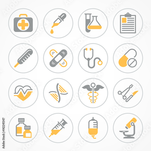 Medical icons on white background  medicine symbols in yellow.