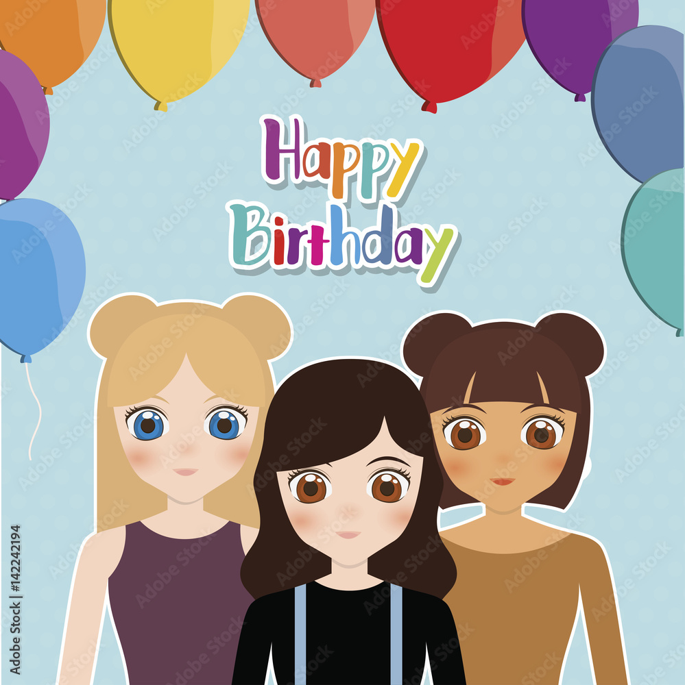 happy birthday card with anime girls and balloons. colorful design. vector  illustration Stock Vector | Adobe Stock