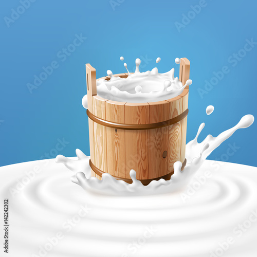 Vector illustration of a wooden bucket with milk standing in the center of a dairy splash. A great advertising poster in a realistic style for natural high-quality milk