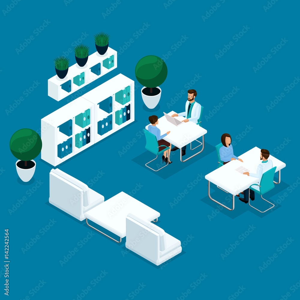 Trendy isometric people, doctor's office, the doctor is receiving patients, the surgeon, the patient are isolated on a light background Trendy isometric people, doctor's office, the doctor is receiving patients, the surgeon, the patient are isolated on a light background