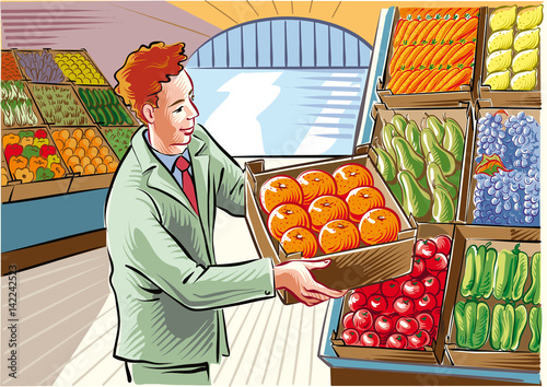 fruit and vegetable market, a young man is positioning an orange crate.
