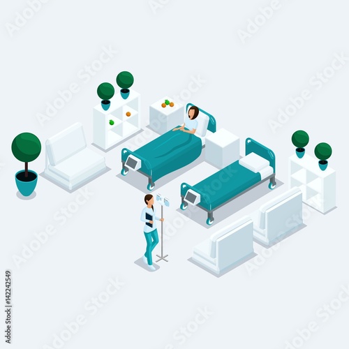Fashion isometric people, the chamber is a front view, staff, hospital staff, a nurse, a patient in a hospital bed insulated