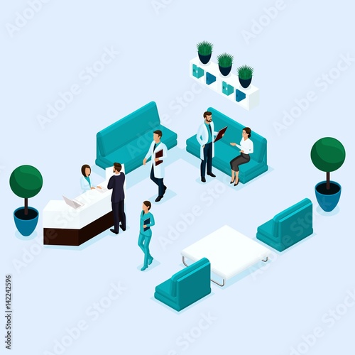 Trendy isometric people, reception, doctor discussion with the patient, surgeon, medical staff, nurse, receiving patients are isolated on a light background